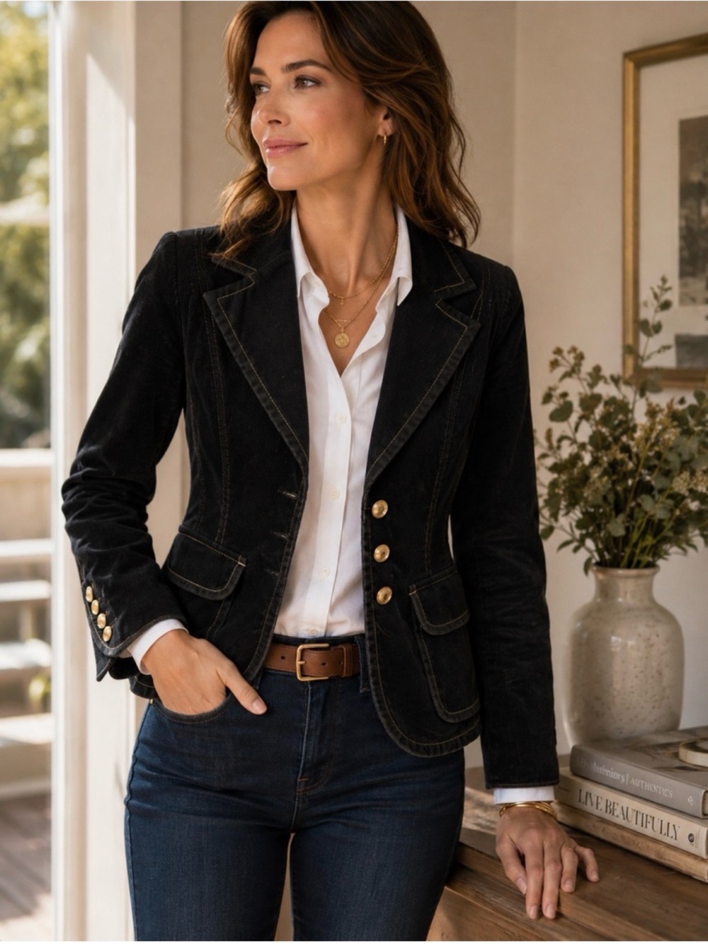 LOFT Black Corduroy Military Blazer Gold Buttons Size 12
